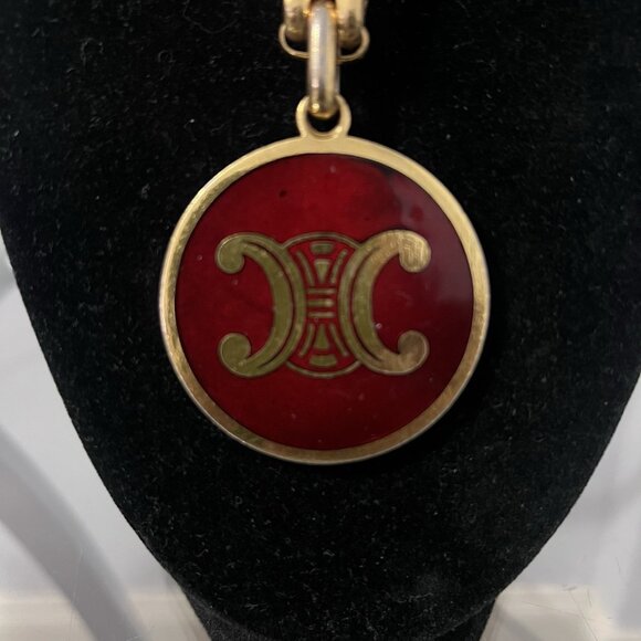 Celine Triomphe Logo Red Enamel Gold Tone Medallion Pendant w/Necklace - Picture 3 of 12